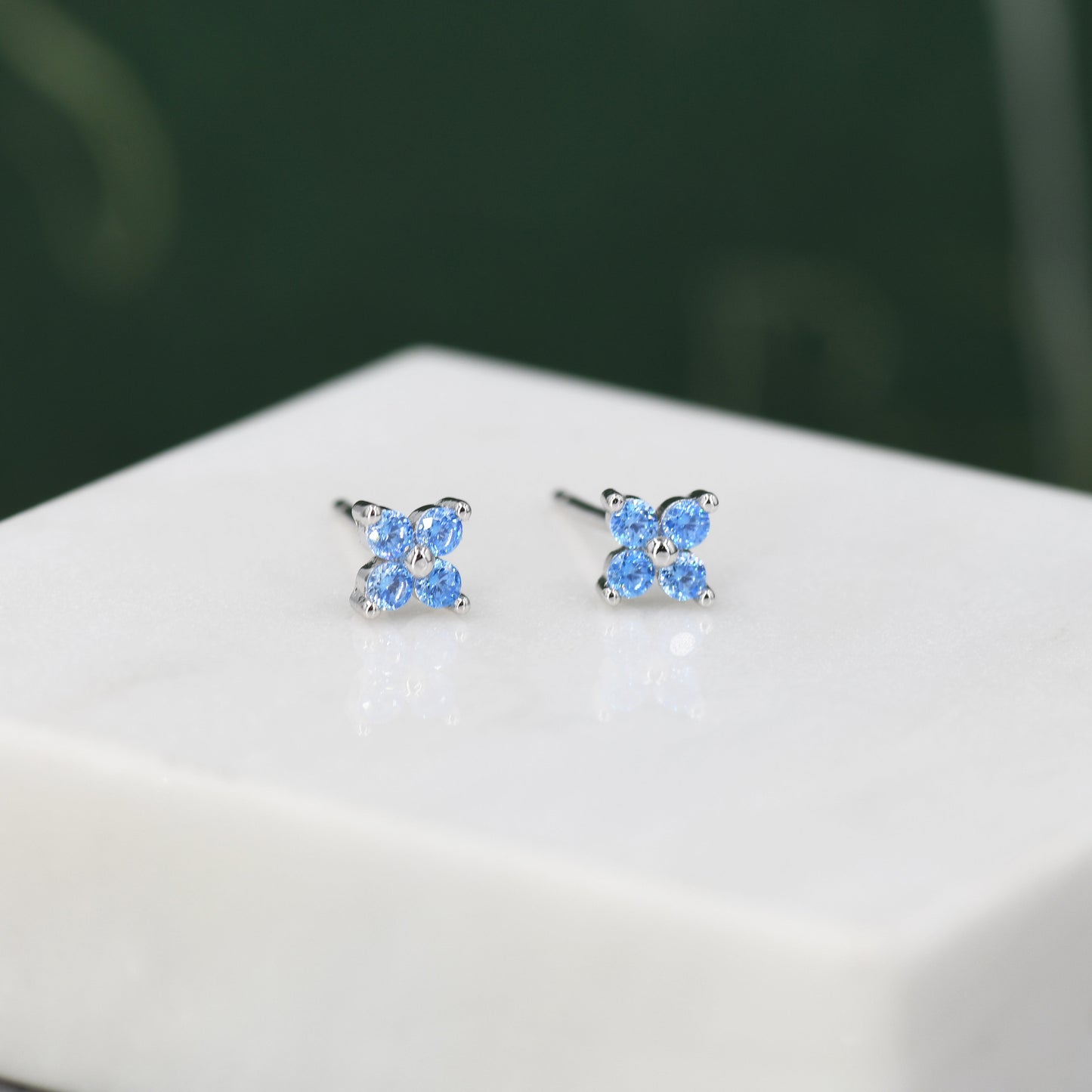 Aquamarine Blue CZ Flower Stud Earrings in Sterling Silver, Crystal Flower Earrings, Blue Hydrangea Four Crystal Stud Earrings, Four CZ