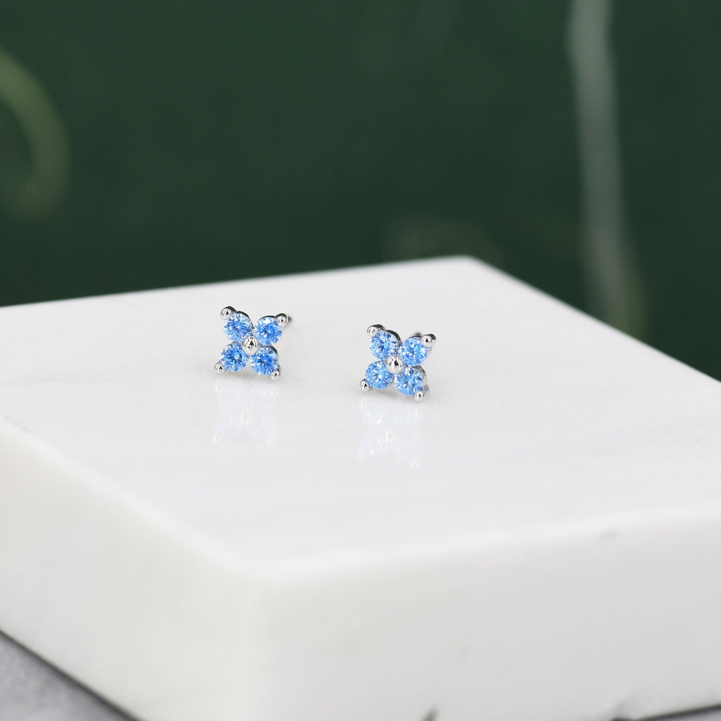 Aquamarine Blue CZ Flower Stud Earrings in Sterling Silver, Crystal Flower Earrings, Blue Hydrangea Four Crystal Stud Earrings, Four CZ