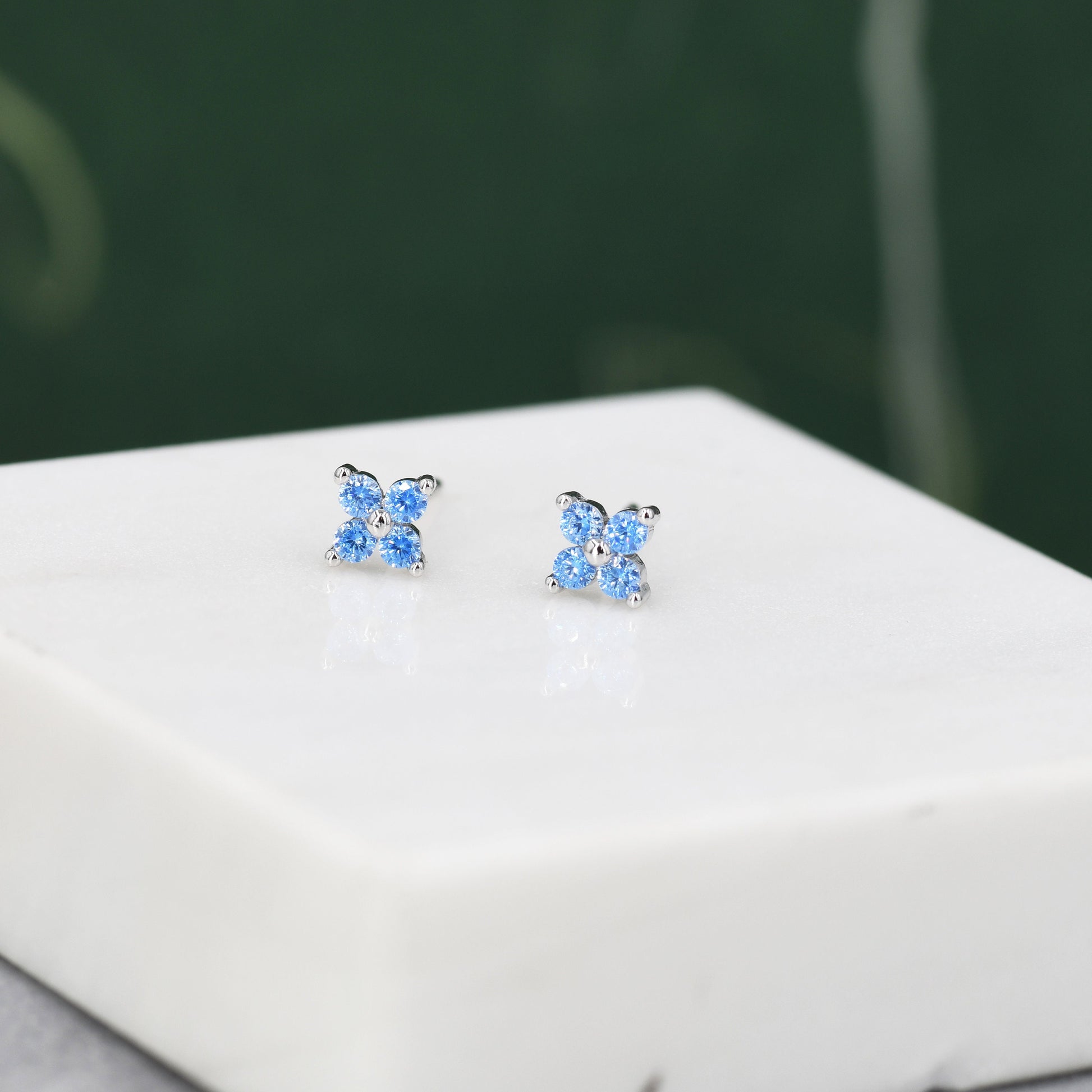 Aquamarine Blue CZ Flower Stud Earrings in Sterling Silver, Crystal Flower Earrings, Blue Hydrangea Four Crystal Stud Earrings, Four CZ