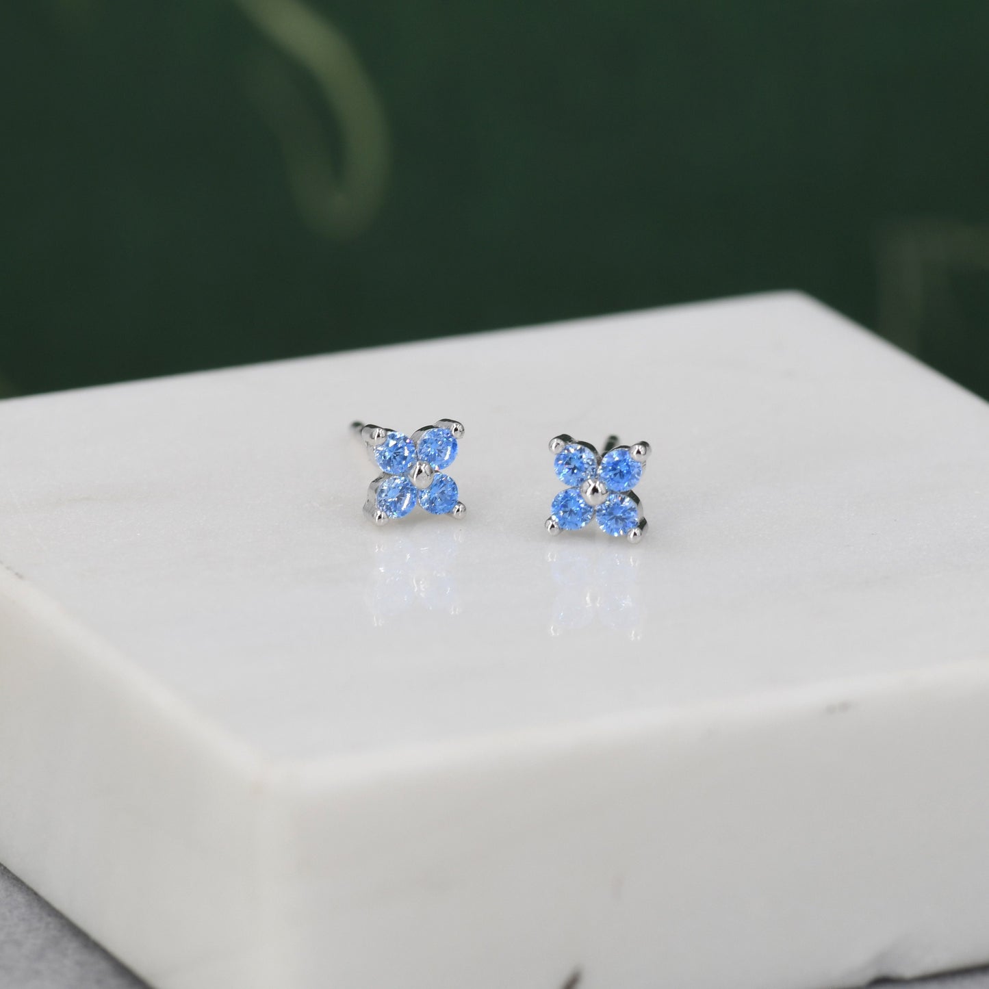Aquamarine Blue CZ Flower Stud Earrings in Sterling Silver, Crystal Flower Earrings, Blue Hydrangea Four Crystal Stud Earrings, Four CZ