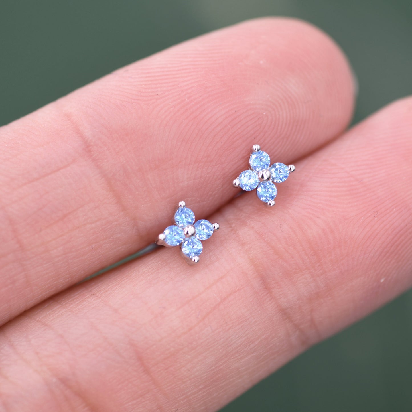 Aquamarine Blue CZ Flower Stud Earrings in Sterling Silver, Crystal Flower Earrings, Blue Hydrangea Four Crystal Stud Earrings, Four CZ