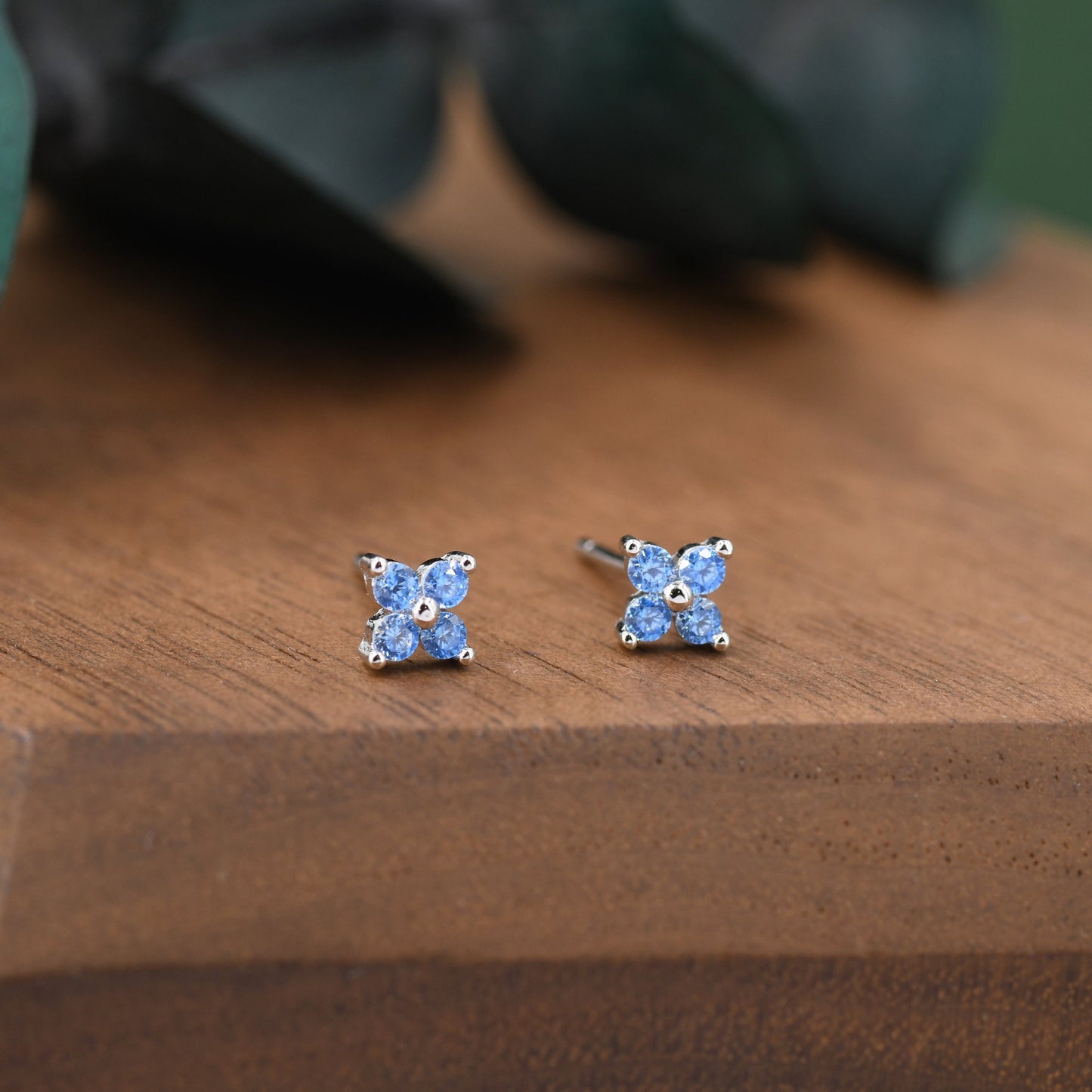 Aquamarine Blue CZ Flower Stud Earrings in Sterling Silver, Crystal Flower Earrings, Blue Hydrangea Four Crystal Stud Earrings, Four CZ