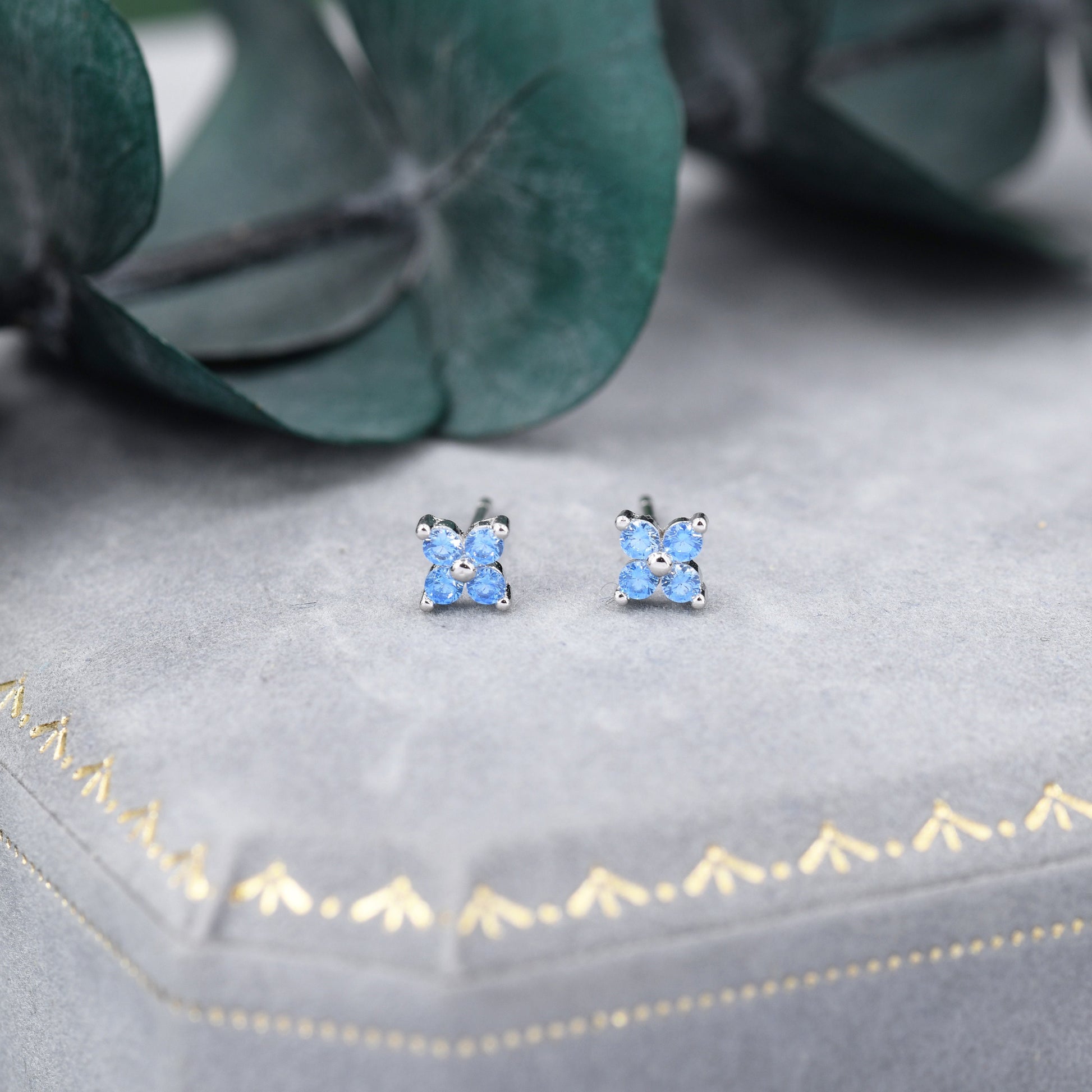 Aquamarine Blue CZ Flower Stud Earrings in Sterling Silver, Crystal Flower Earrings, Blue Hydrangea Four Crystal Stud Earrings, Four CZ