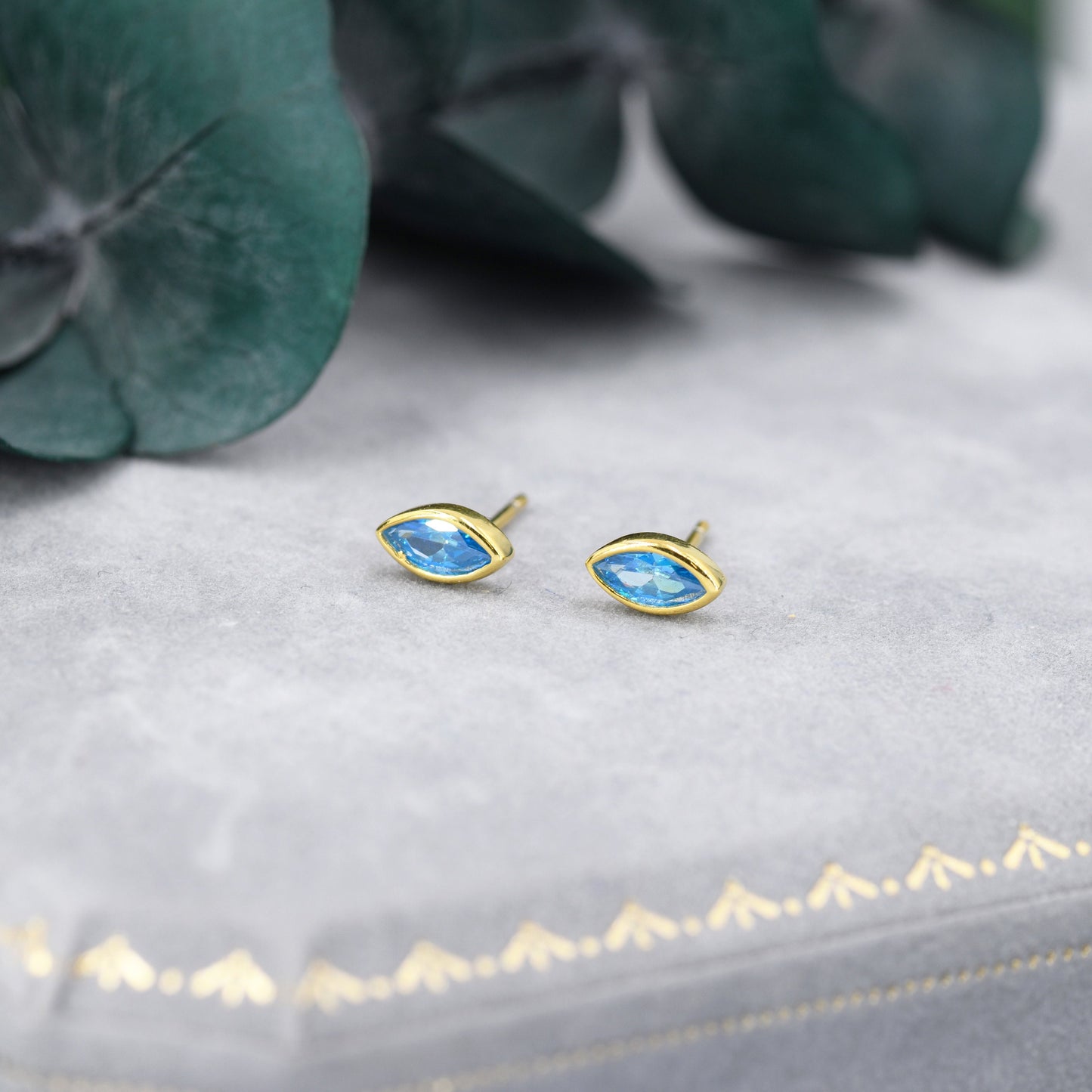 Marquise Aquamarine Blue CZ Stud Earrings in Sterling Silver, Marquise Crystal Earrings, Blue Stud, March Birthstone