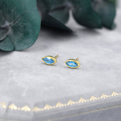 Marquise Aquamarine Blue CZ Stud Earrings in Sterling Silver, Marquise Crystal Earrings, Blue Stud, March Birthstone