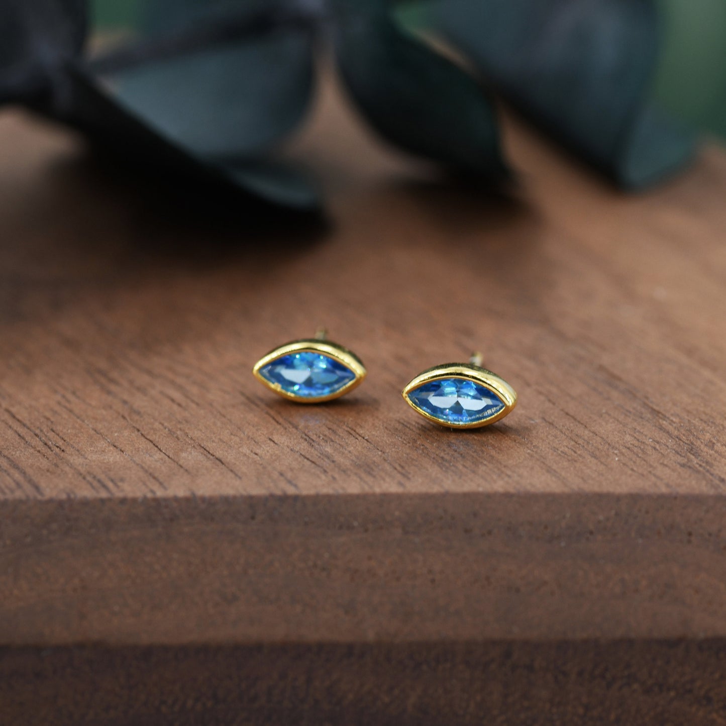 Marquise Aquamarine Blue CZ Stud Earrings in Sterling Silver, Marquise Crystal Earrings, Blue Stud, March Birthstone