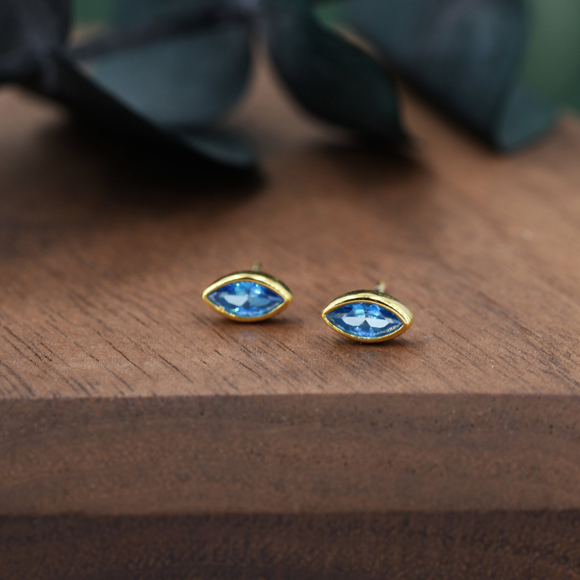 Marquise Aquamarine Blue CZ Stud Earrings in Sterling Silver, Marquise Crystal Earrings, Blue Stud, March Birthstone