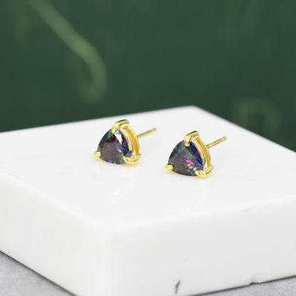 Mystic Topaz Trillion Cut Stud Earrings in Sterling Silver, Gold Coated, 6mm Trillion Cut, Lab Mystic Black Topaz Earrings