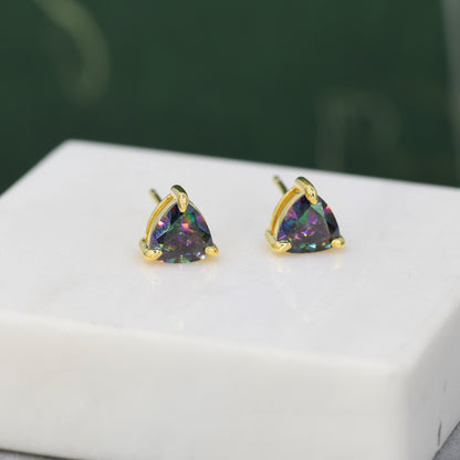 Mystic Topaz Trillion Cut Stud Earrings in Sterling Silver, Gold Coated, 6mm Trillion Cut, Lab Mystic Black Topaz Earrings