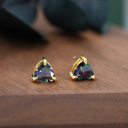 Mystic Topaz Trillion Cut Stud Earrings in Sterling Silver, Gold Coated, 6mm Trillion Cut, Lab Mystic Black Topaz Earrings