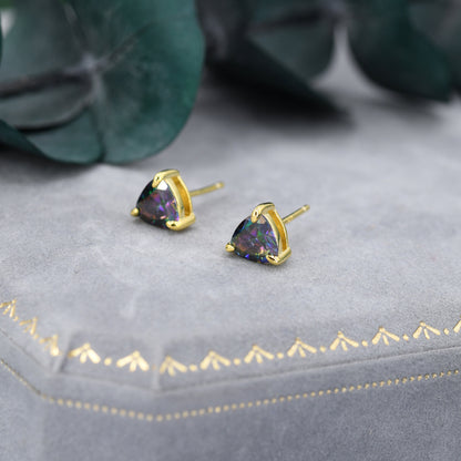 Mystic Topaz Trillion Cut Stud Earrings in Sterling Silver, Gold Coated, 6mm Trillion Cut, Lab Mystic Black Topaz Earrings