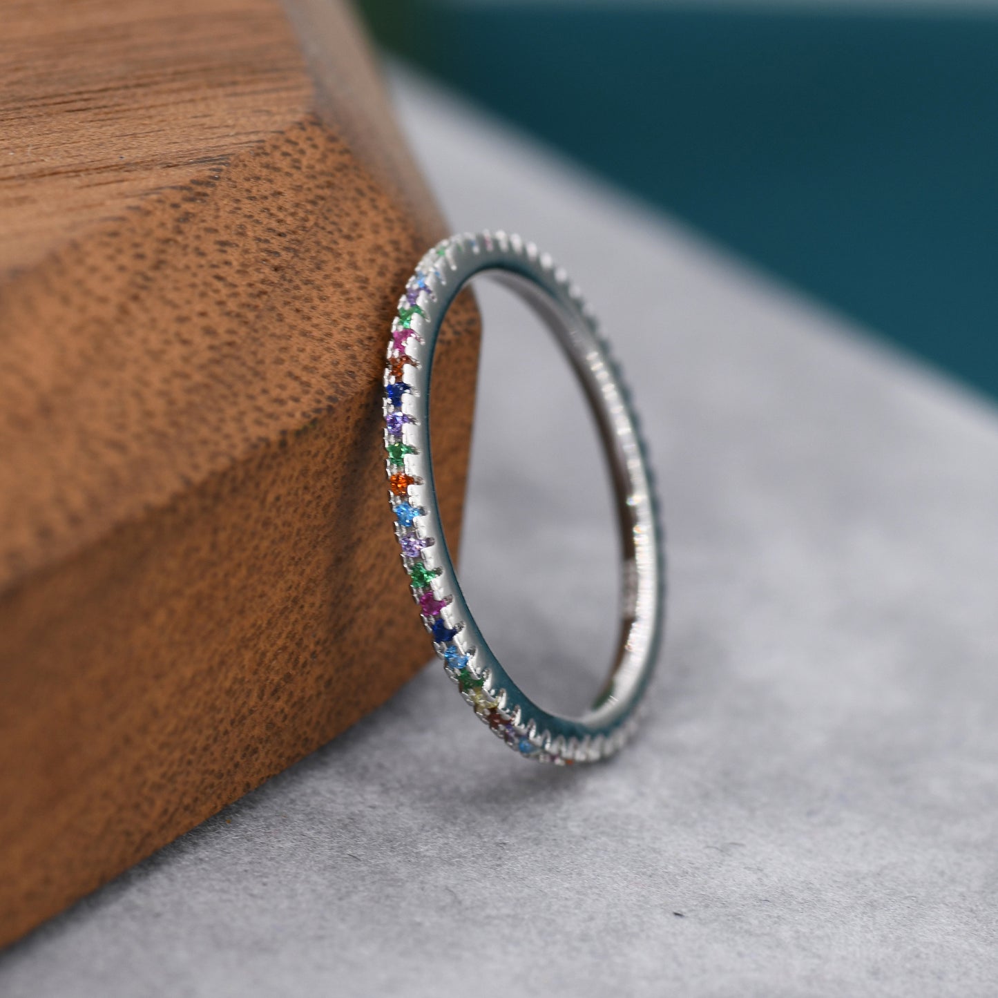 Skinny Rainbow Crystal Pave Ring in Sterling Silver, Gold Vermeil Crystal Pave Ring, Stacking Rings, Eternity Ring, US 5 - 8