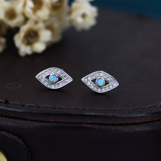 Sterling Silver Blue Opal Evil Eye Stud Earrings, Gold and Silver, Cute and Quirky Jewellery