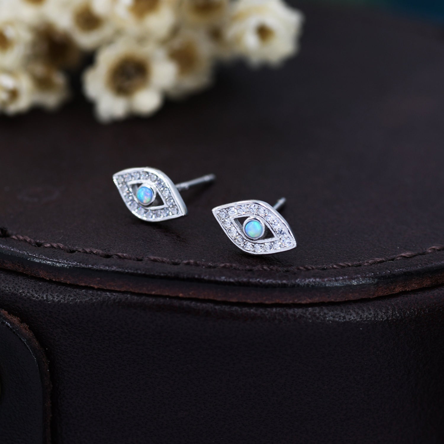 Sterling Silver Blue Opal Evil Eye Stud Earrings, Gold and Silver, Cute and Quirky Jewellery