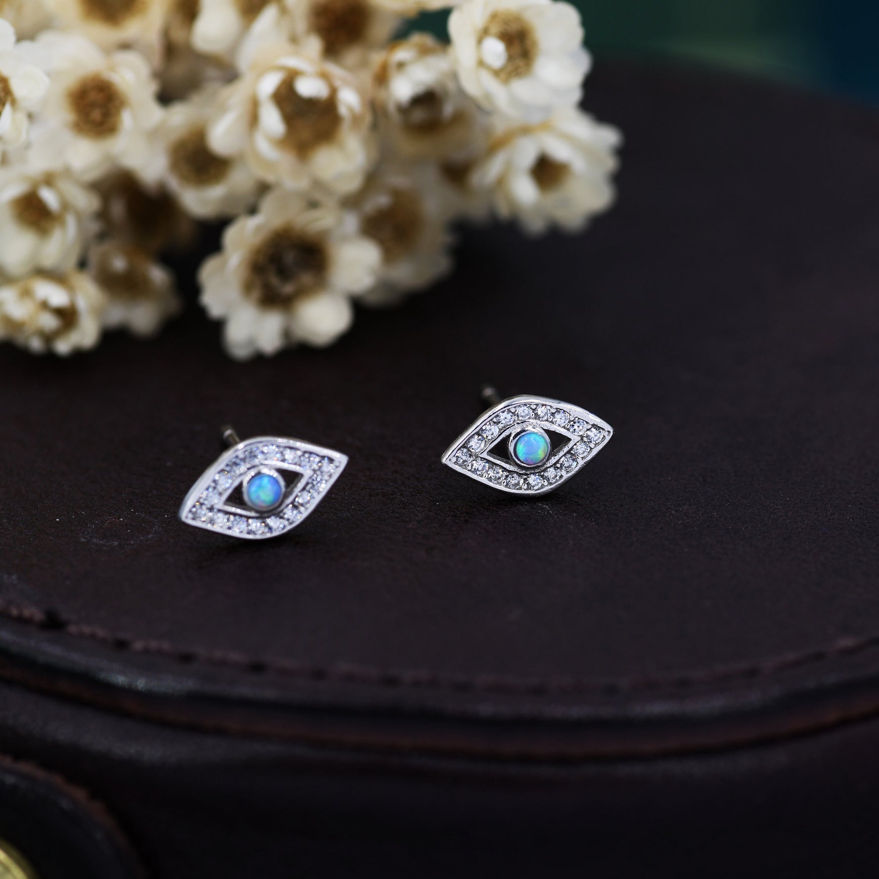 Sterling Silver Blue Opal Evil Eye Stud Earrings, Gold and Silver, Cute and Quirky Jewellery