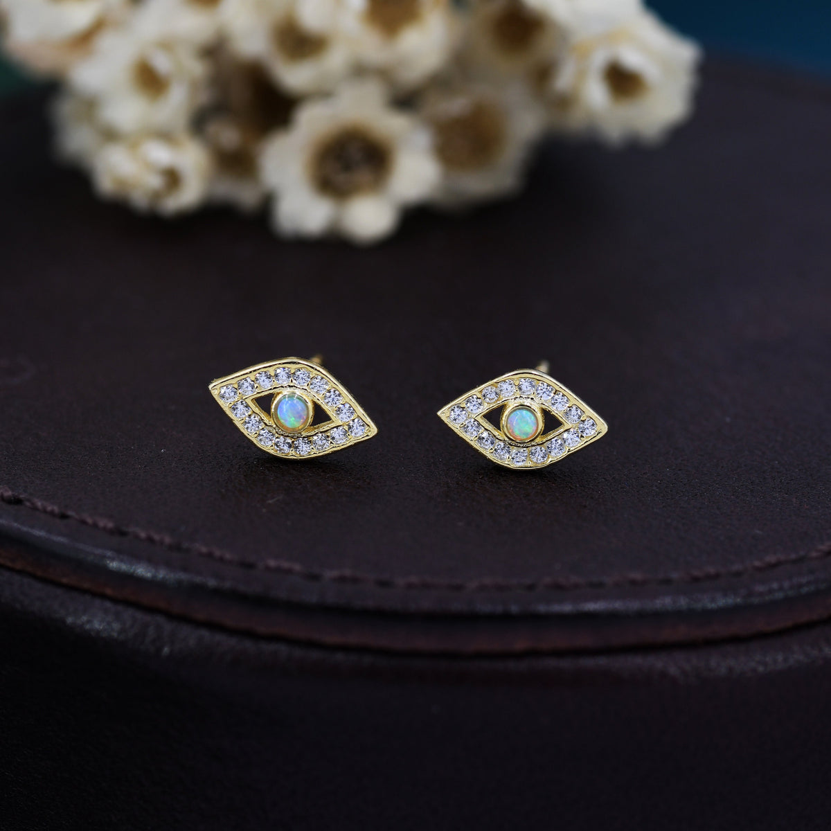 Sterling Silver Blue Opal Evil Eye Stud Earrings, Gold and Silver, Cute and Quirky Jewellery