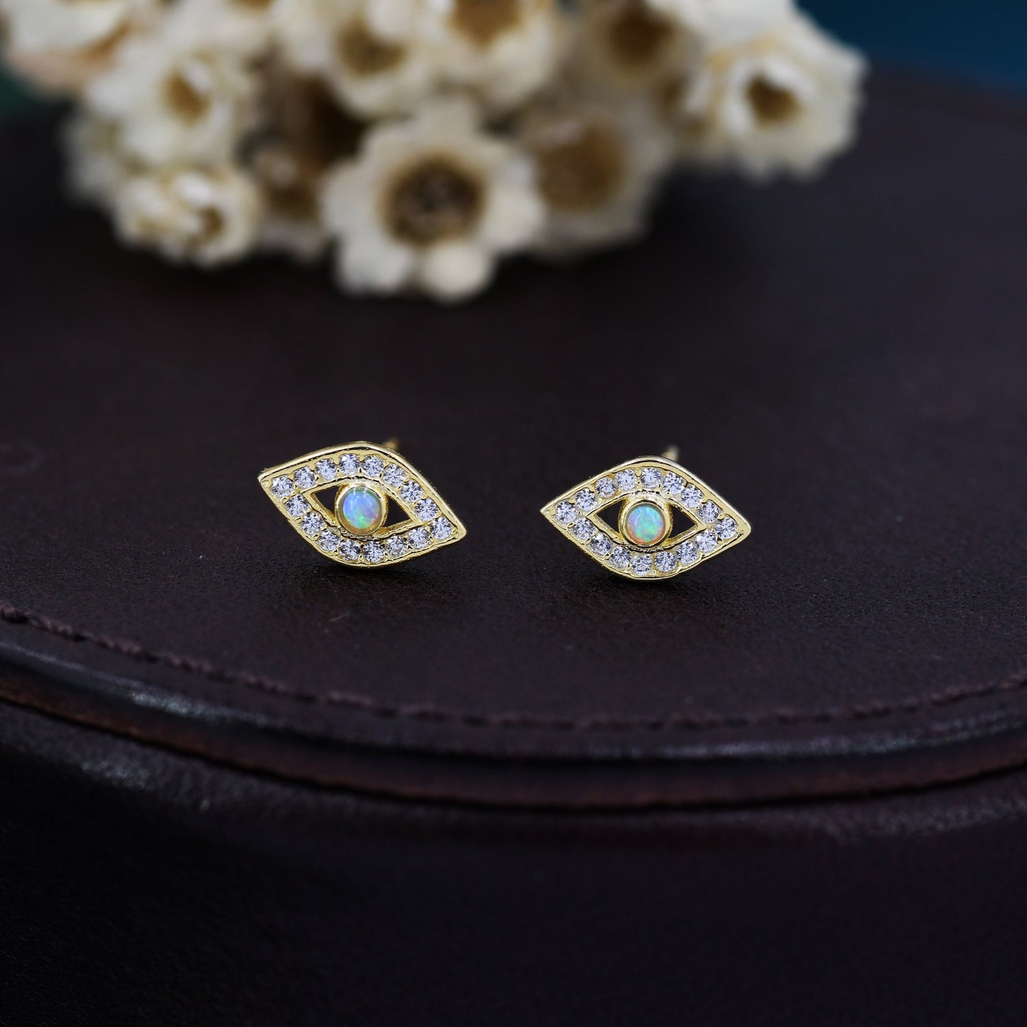 Sterling Silver Blue Opal Evil Eye Stud Earrings, Gold and Silver, Cute and Quirky Jewellery