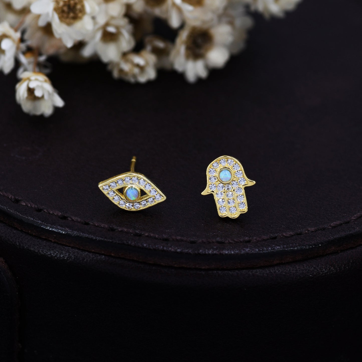 Mismatched Hamsa Hand and Evil Eye CZ Stud Earrings in Sterling Silver with Blue Opal, Silver or Gold, Asymmetric Hand and Eye Earrings