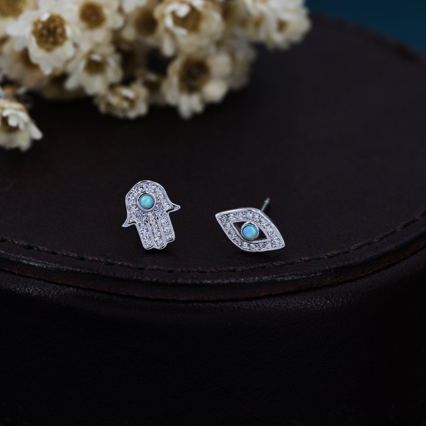 Mismatched Hamsa Hand and Evil Eye CZ Stud Earrings in Sterling Silver with Blue Opal, Silver or Gold, Asymmetric Hand and Eye Earrings