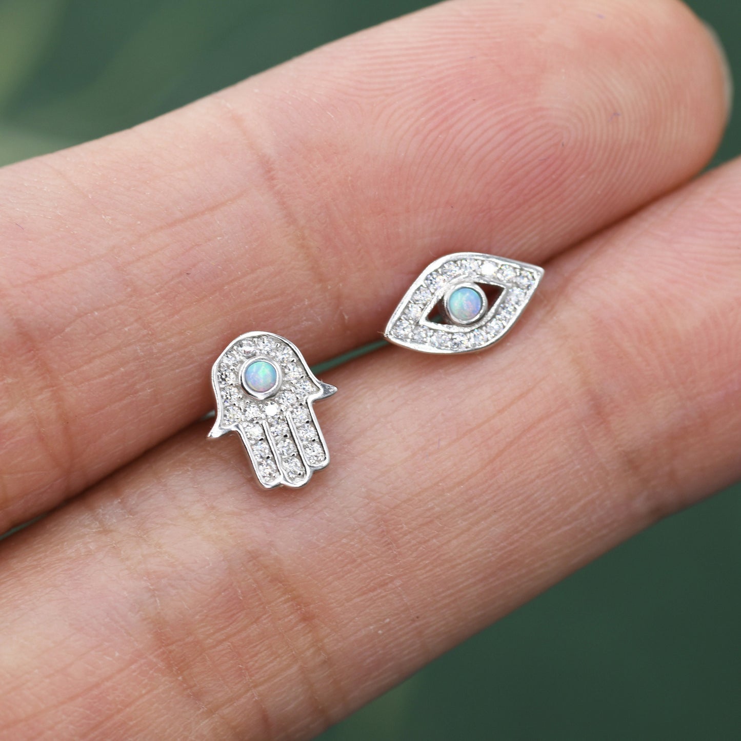 Mismatched Hamsa Hand and Evil Eye CZ Stud Earrings in Sterling Silver with Blue Opal, Silver or Gold, Asymmetric Hand and Eye Earrings