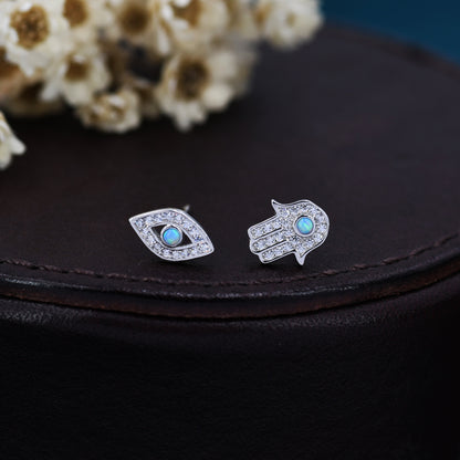 Mismatched Hamsa Hand and Evil Eye CZ Stud Earrings in Sterling Silver with Blue Opal, Silver or Gold, Asymmetric Hand and Eye Earrings