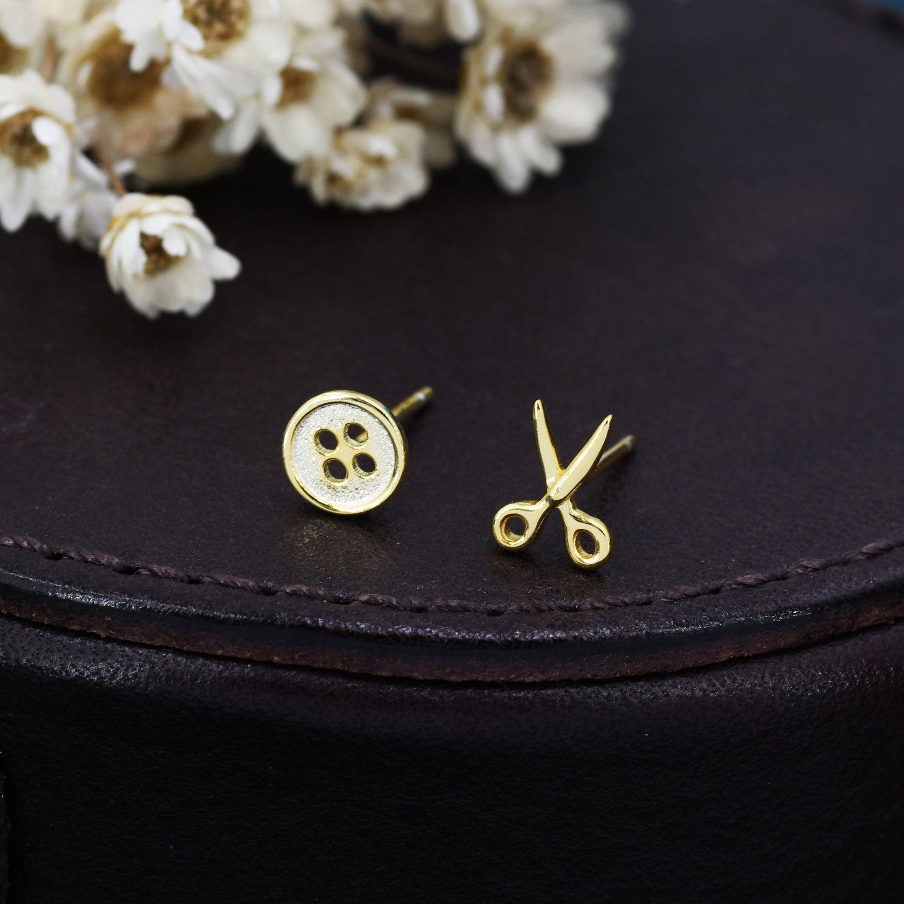 Mismatched Scissors and Button Stud Earrings in Sterling Silver, Silver or Gold, Asymmetric Button and Scissors Earrings, Fun and Quirky DIY
