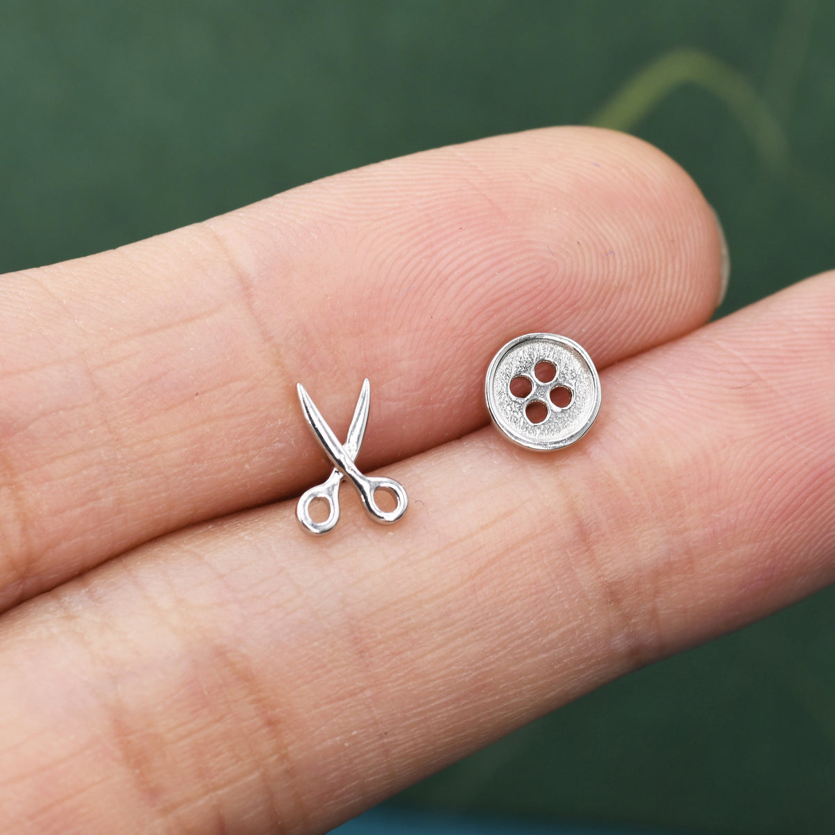 Mismatched Scissors and Button Stud Earrings in Sterling Silver, Silver or Gold, Asymmetric Button and Scissors Earrings, Fun and Quirky DIY