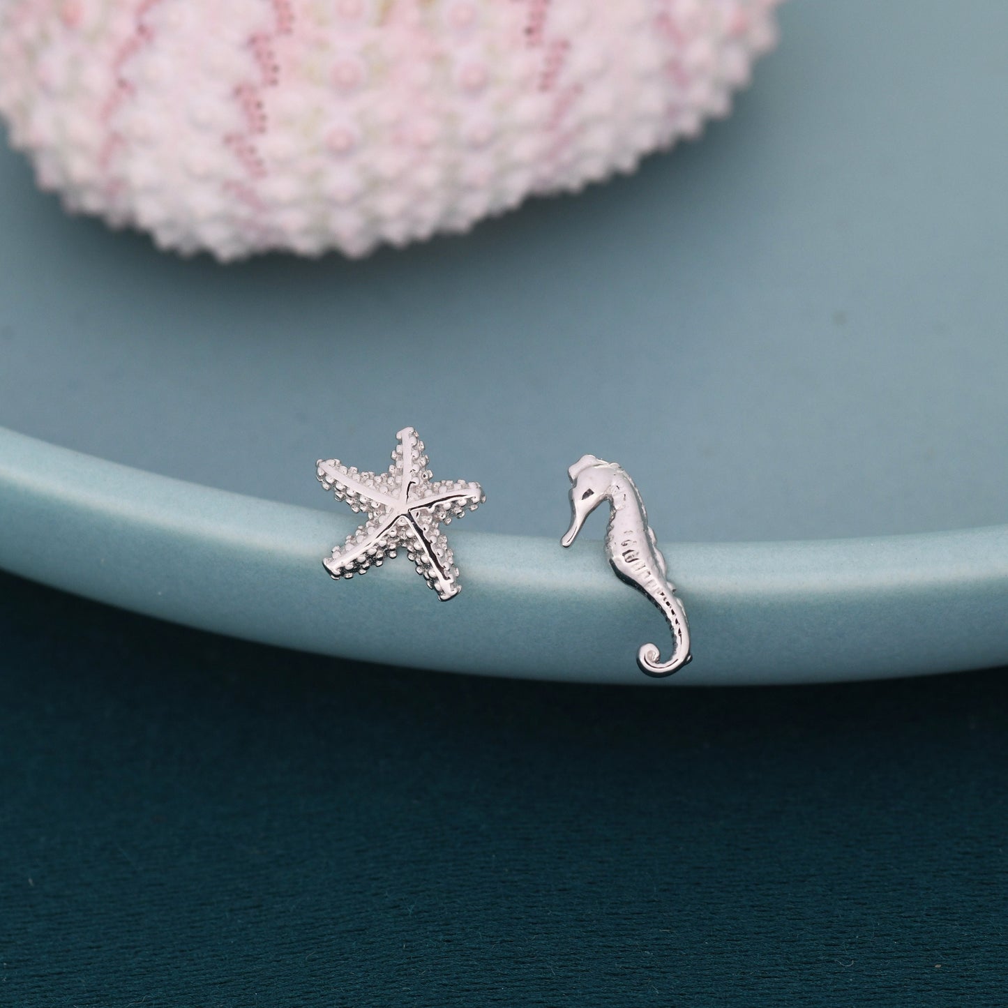 Mismatched Seahorse and Sea Star Stud Earrings in Sterling Silver. Asymmetric Starfish and Seahorse Earrings, Fun and Quirky