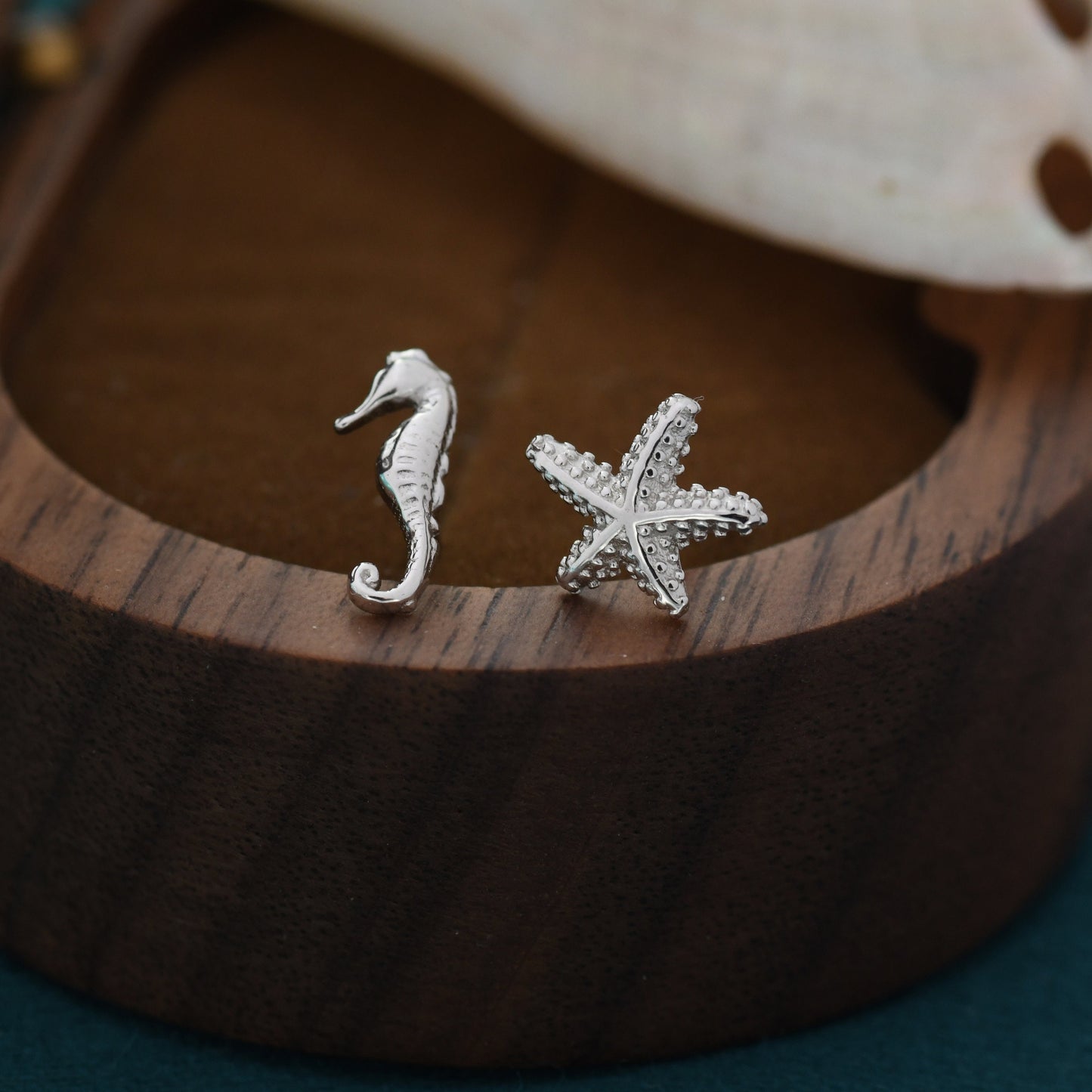 Mismatched Seahorse and Sea Star Stud Earrings in Sterling Silver. Asymmetric Starfish and Seahorse Earrings, Fun and Quirky