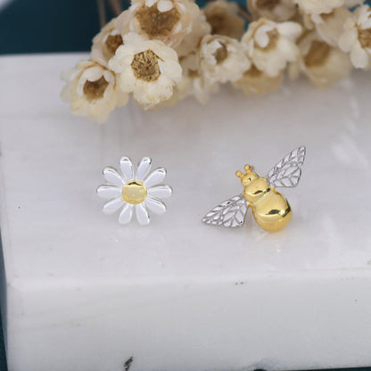 Mismatched Bumble Bee and Daisy Stud Earrings in Sterling Silver, Silver or Gold, Asymmetric Bee and Daisy Flower Earrings, Fun and Quirky