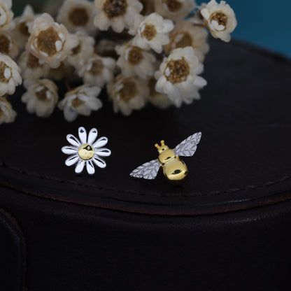 Mismatched Bumble Bee and Daisy Stud Earrings in Sterling Silver, Silver or Gold, Asymmetric Bee and Daisy Flower Earrings, Fun and Quirky