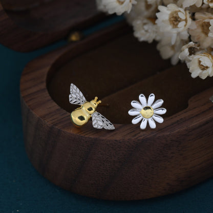 Mismatched Bumble Bee and Daisy Stud Earrings in Sterling Silver, Silver or Gold, Asymmetric Bee and Daisy Flower Earrings, Fun and Quirky