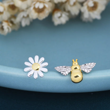 Mismatched Bumble Bee and Daisy Stud Earrings in Sterling Silver, Silver or Gold, Asymmetric Bee and Daisy Flower Earrings, Fun and Quirky