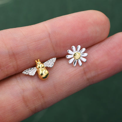 Mismatched Bumble Bee and Daisy Stud Earrings in Sterling Silver, Silver or Gold, Asymmetric Bee and Daisy Flower Earrings, Fun and Quirky