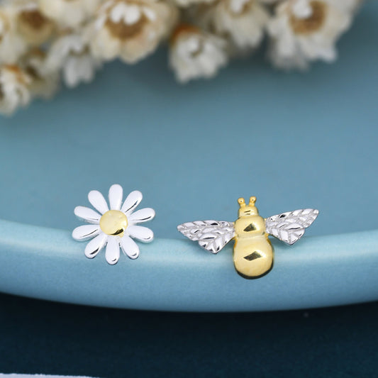 Mismatched Bumble Bee and Daisy Stud Earrings in Sterling Silver, Silver or Gold, Asymmetric Bee and Daisy Flower Earrings, Fun and Quirky