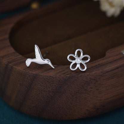 Mismatched Hummingbird and Flower Stud Earrings in Sterling Silver, Silver or Gold, AsymmetricFlower and Hummingbird Earrings