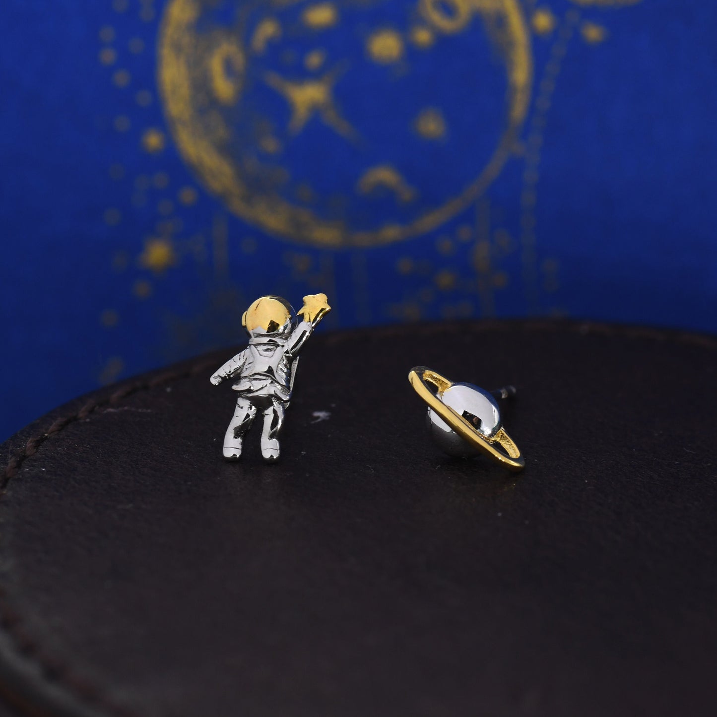 Mismatched Astronaut and Planet Stud Earrings in Sterling Silver, Silver or Gold, Asymmetric Planet and Spaceman Earrings, Fun and Quirky