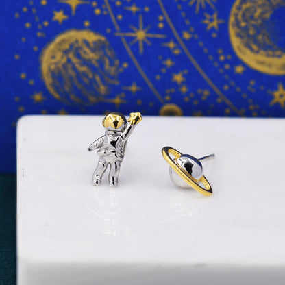 Mismatched Astronaut and Planet Stud Earrings in Sterling Silver, Silver or Gold, Asymmetric Planet and Spaceman Earrings, Fun and Quirky