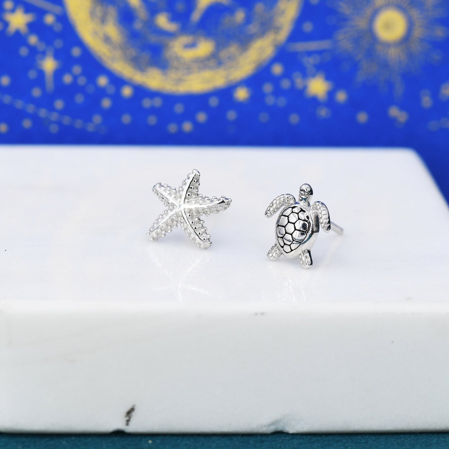 Mismatched Sea Turtle and Sea Star Stud Earrings in Sterling Silver, Asymmetric Starfish and Sea Turtle Earrings