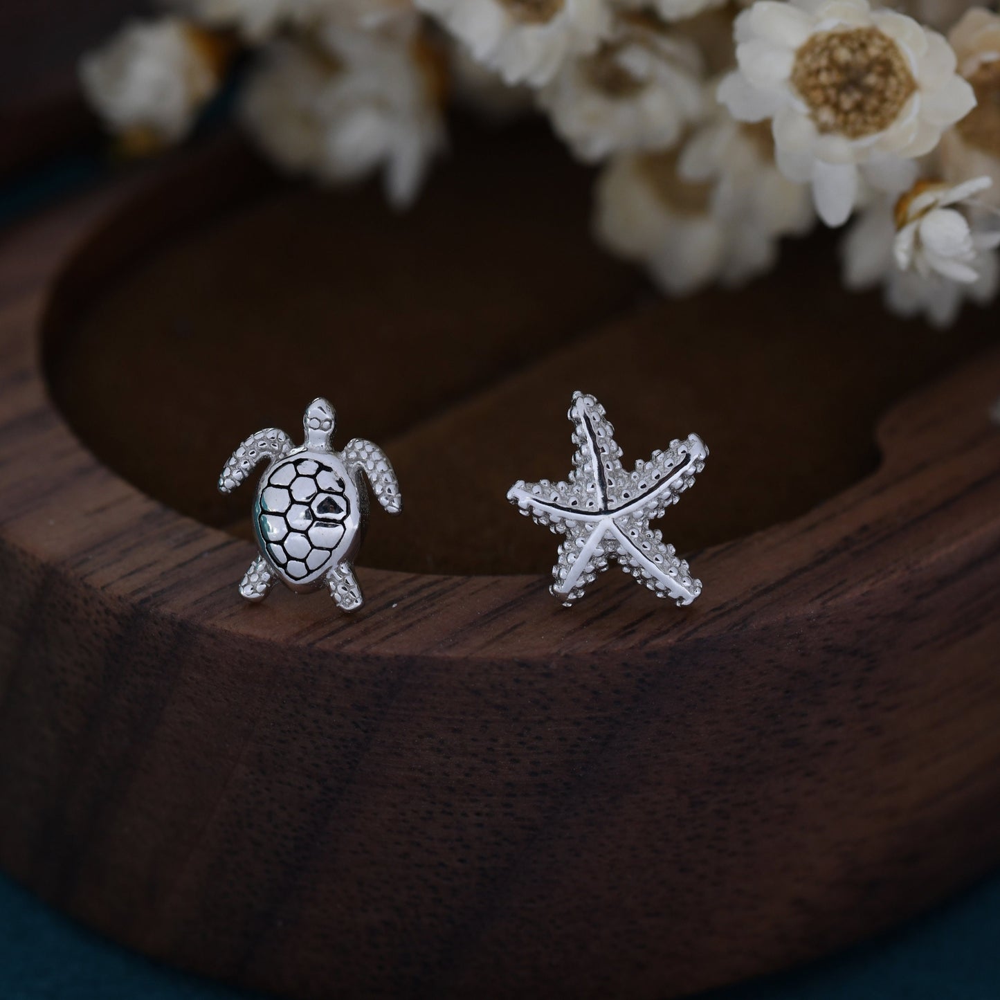 Mismatched Sea Turtle and Sea Star Stud Earrings in Sterling Silver, Asymmetric Starfish and Sea Turtle Earrings