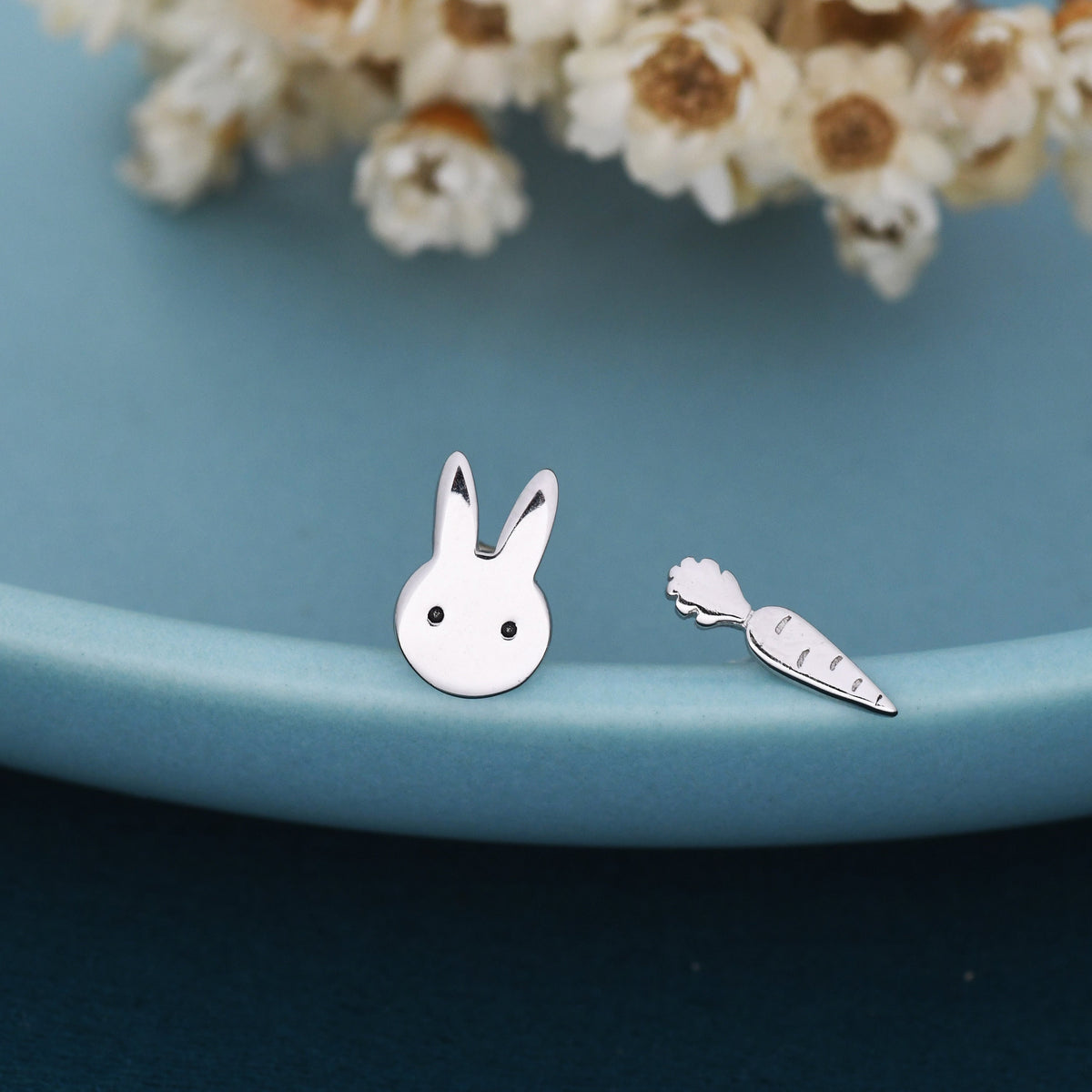 Mismatched Rabbit and Carrot Stud Earrings in Sterling Silver, Asymmetric Cute Bunny and Carrot Earrings