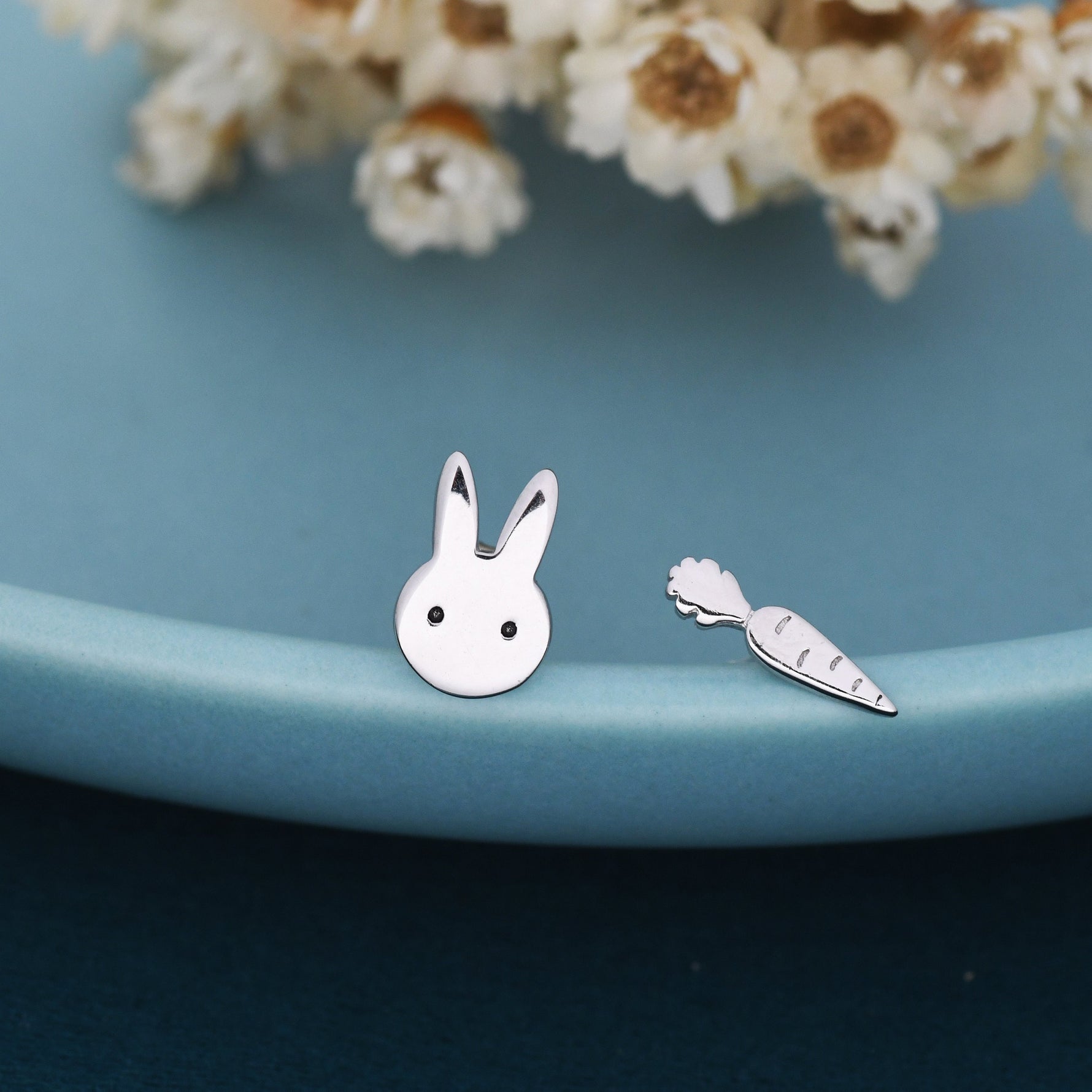 Mismatched Rabbit and Carrot Stud Earrings in Sterling Silver, Asymmetric Cute Bunny and Carrot Earrings