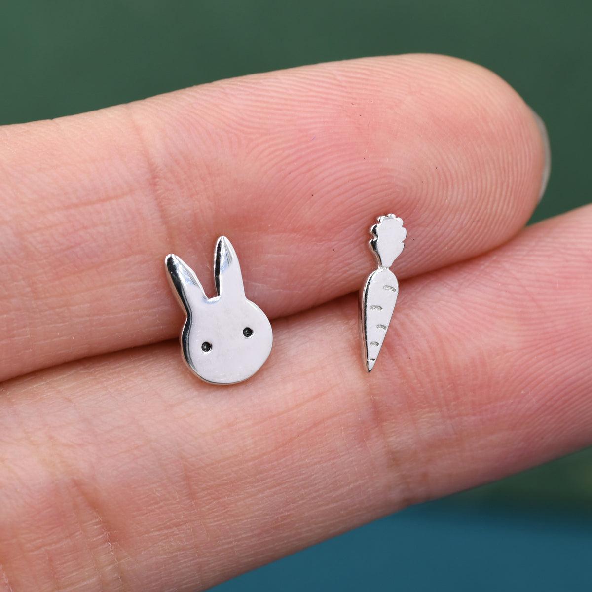 Mismatched Rabbit and Carrot Stud Earrings in Sterling Silver, Asymmetric Cute Bunny and Carrot Earrings