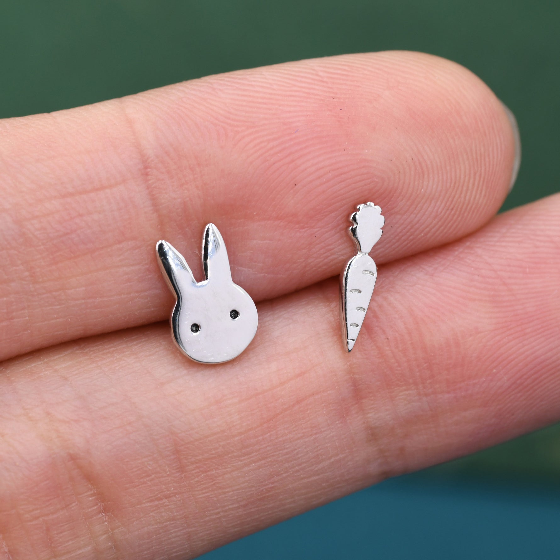 Mismatched Rabbit and Carrot Stud Earrings in Sterling Silver, Asymmetric Cute Bunny and Carrot Earrings