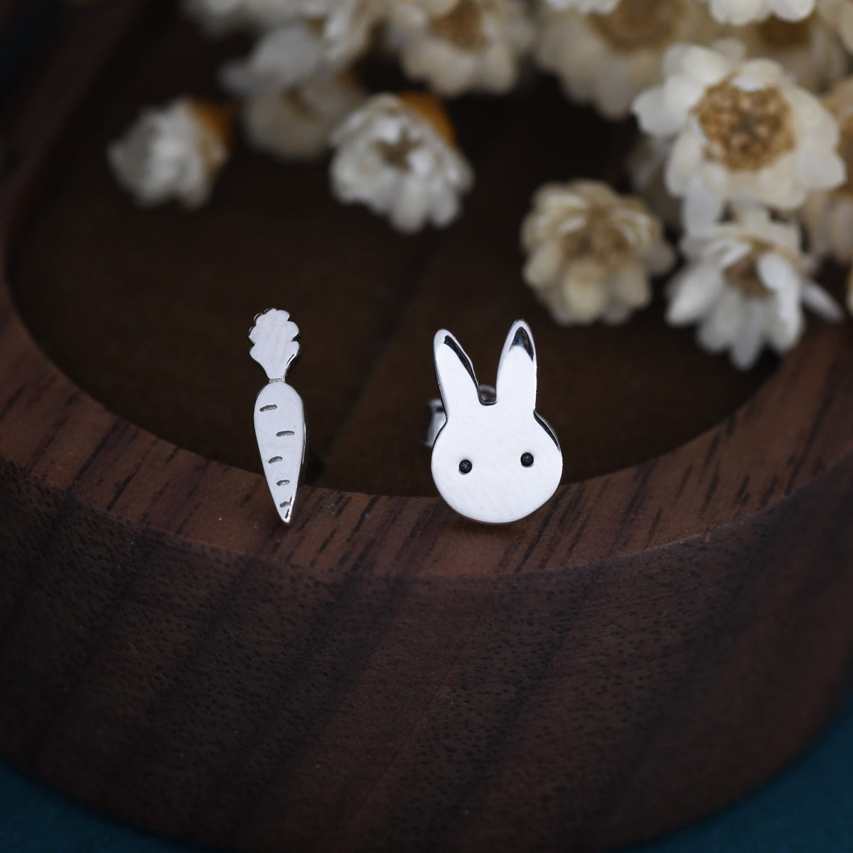 Mismatched Rabbit and Carrot Stud Earrings in Sterling Silver, Asymmetric Cute Bunny and Carrot Earrings
