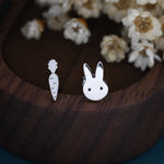 Mismatched Rabbit and Carrot Stud Earrings in Sterling Silver, Asymmetric Cute Bunny and Carrot Earrings