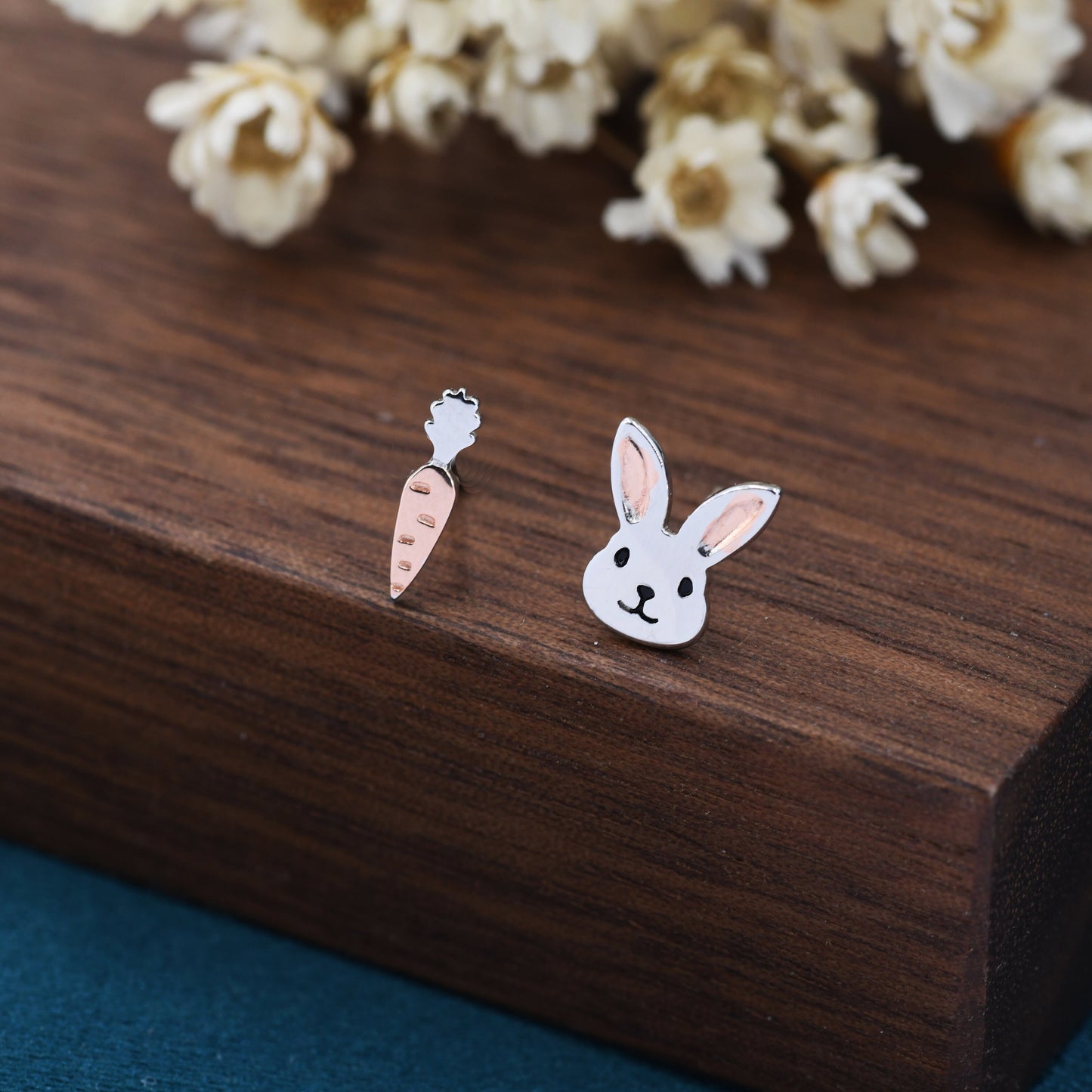 Mismatched Rabbit and Carrot Stud Earrings in Sterling Silver with partial rose gold, Asymmetric Cute Bunny and Carrot Earrings