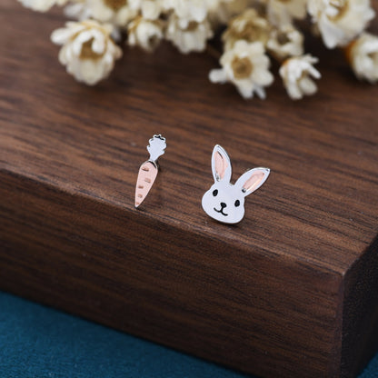 Mismatched Rabbit and Carrot Stud Earrings in Sterling Silver with partial rose gold, Asymmetric Cute Bunny and Carrot Earrings