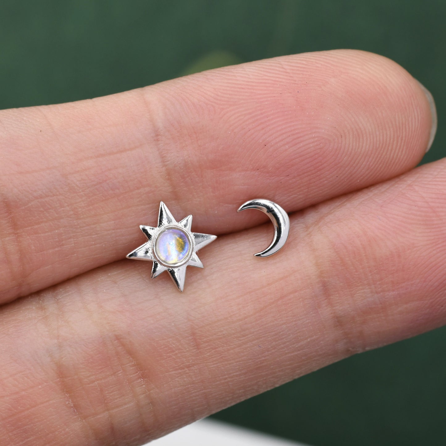 Mismatched Starburst and Moon Stud Earrings in Sterling Silver with Lab Moonstone, Asymmetric Moonstone Star and Crescent Moon Earrings