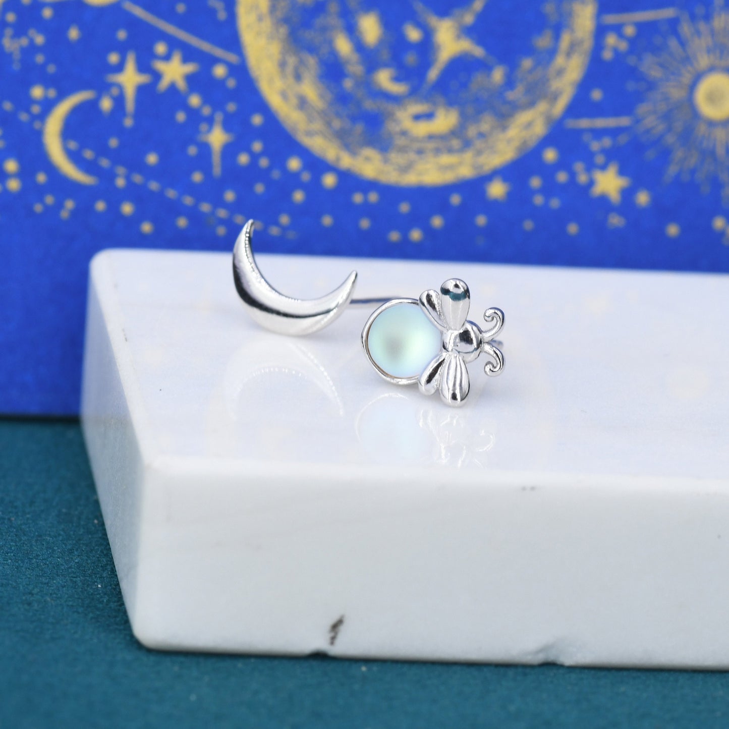 Mismatched Firefly and Moon Stud Earrings in Sterling Silver, Asymmetric Moon and Firefly Earrings, Fun and Quirky